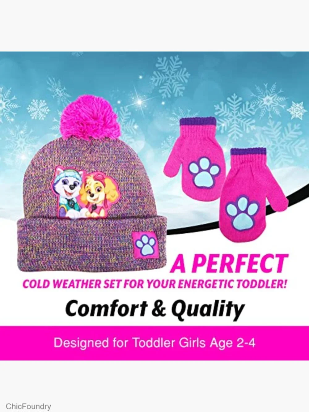 Paw Patrol Toddler Girls Beanie and Mittens Set Winter Hat Cold Weather Gear